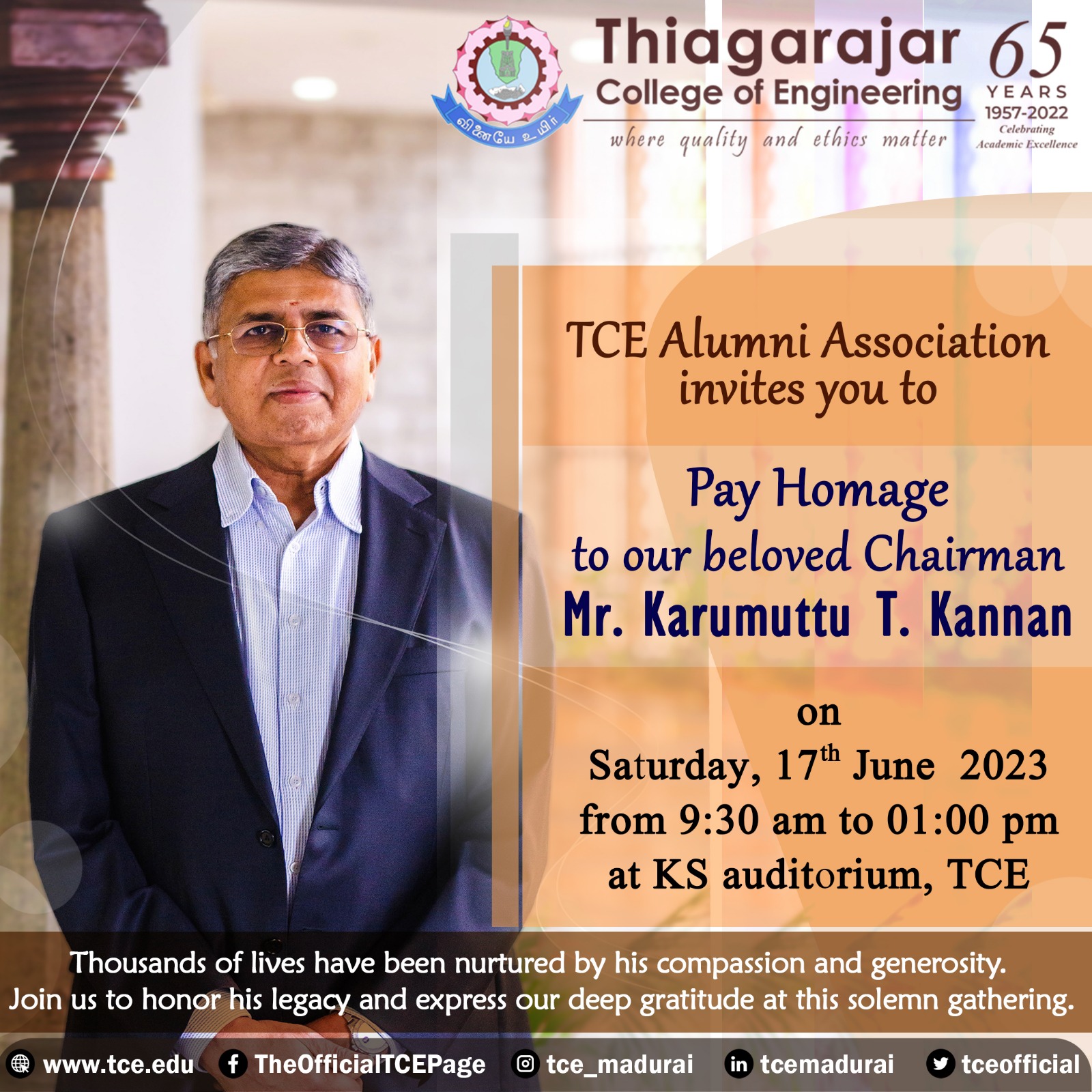 Homage to our beloved Chairman Mr. Karumuttu T. Kannan by TCE Alumni Association
