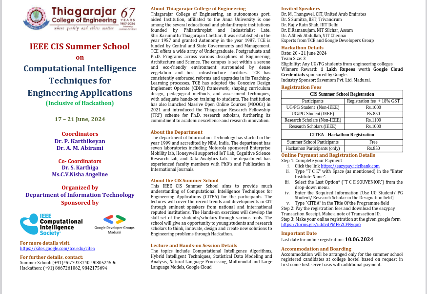 IEEE CIS Summer School on Computational Intelligence Techniques for Engineering Applications